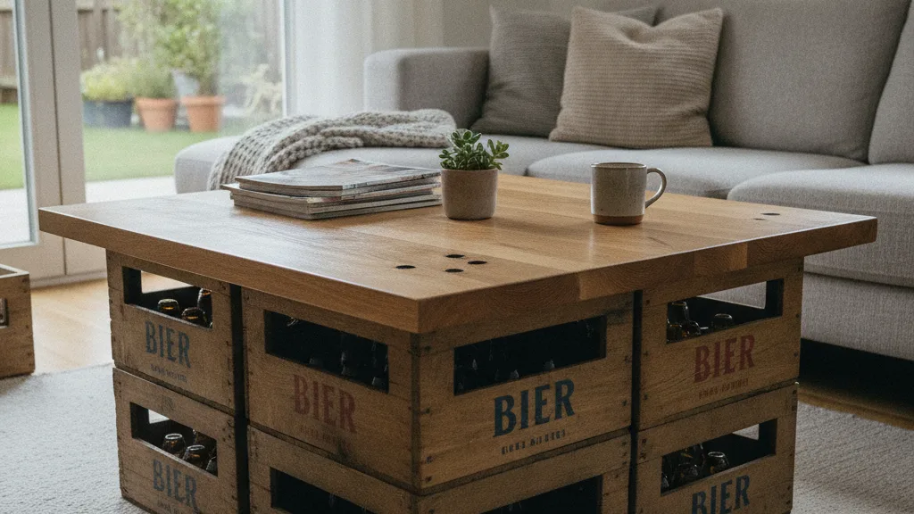 Bierkasten-Tisch mit Holzplatte selber bauen