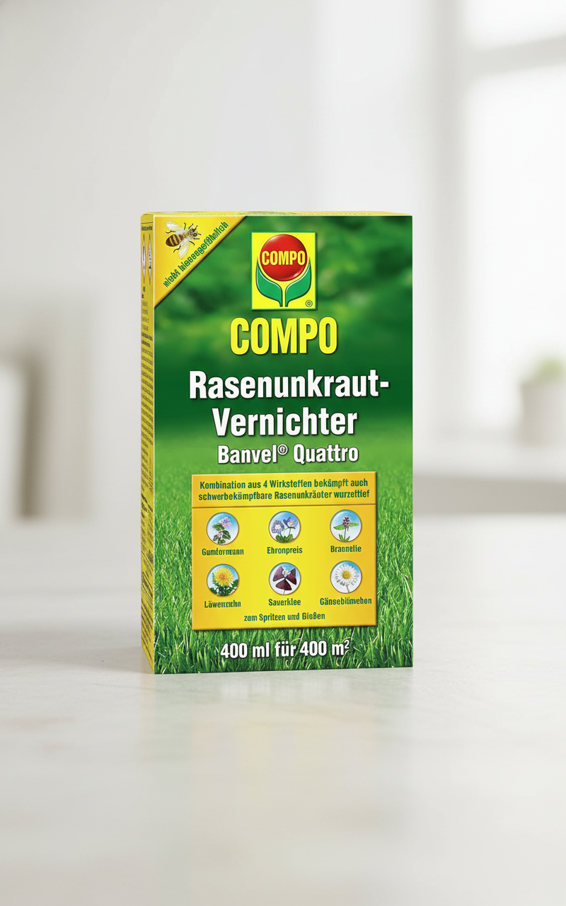 COMPO Rasenunkraut-Vernichter Banvel Quattro, Bekämpfung von schwerbekämpfbaren Unkräutern im Rasen, Konzentrat, 400 ml (400 m²)